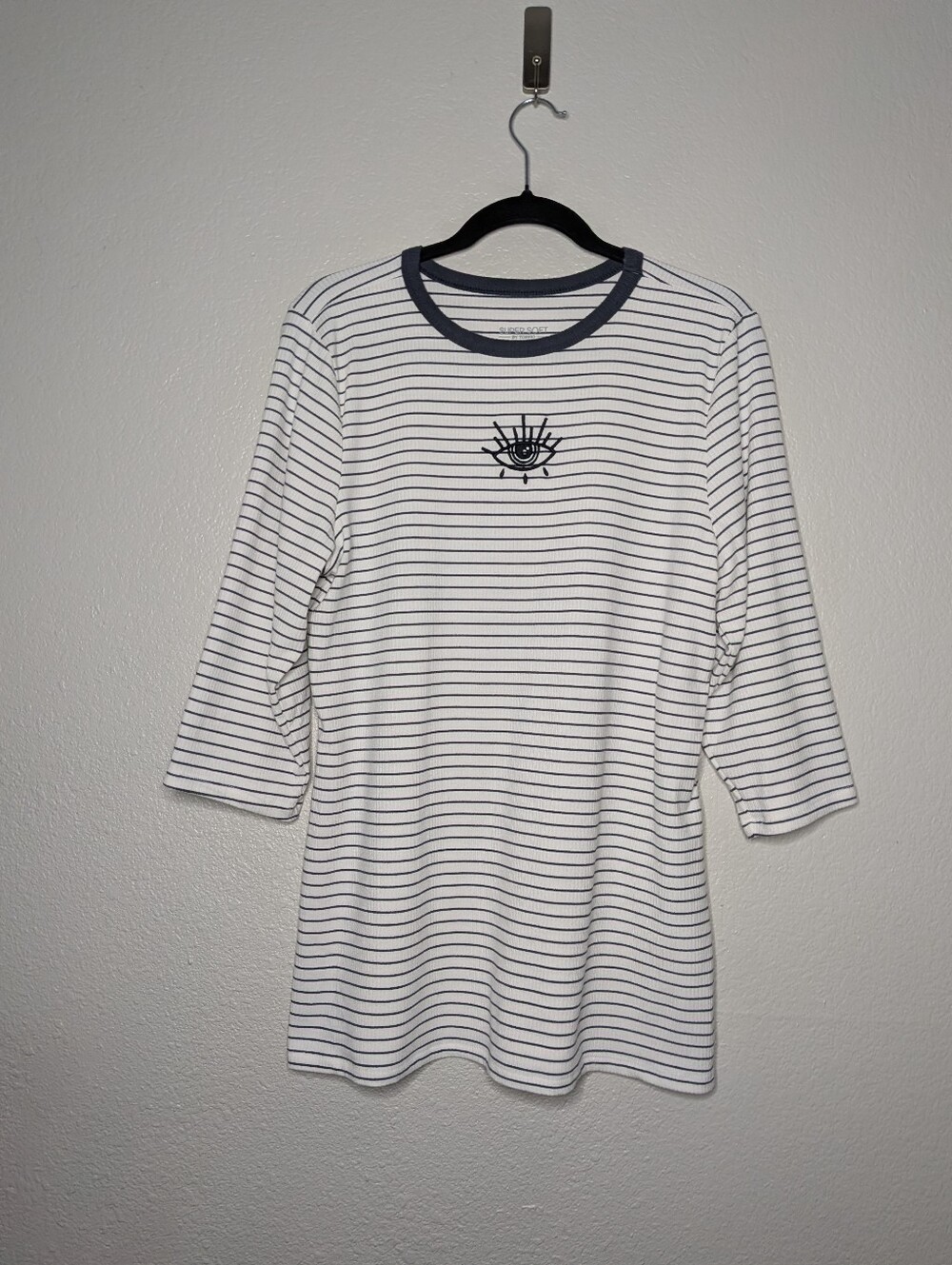 Torrid White Black Striped Evil Eye Witchy Embroidered Super Soft Tee Rib 2 2X